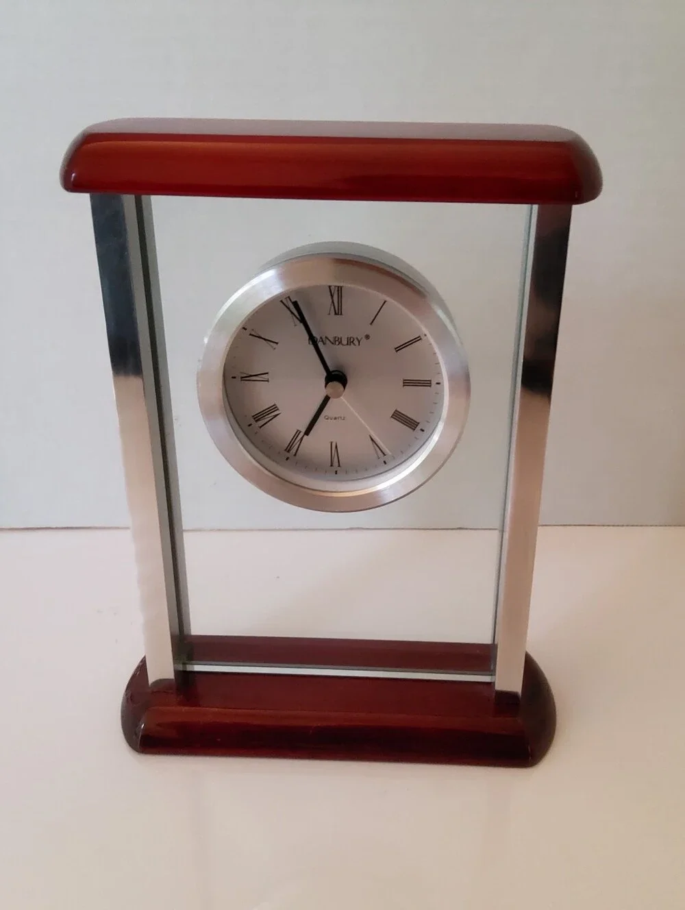 Danbury Red Wood and Silver Glass Mantel Clock